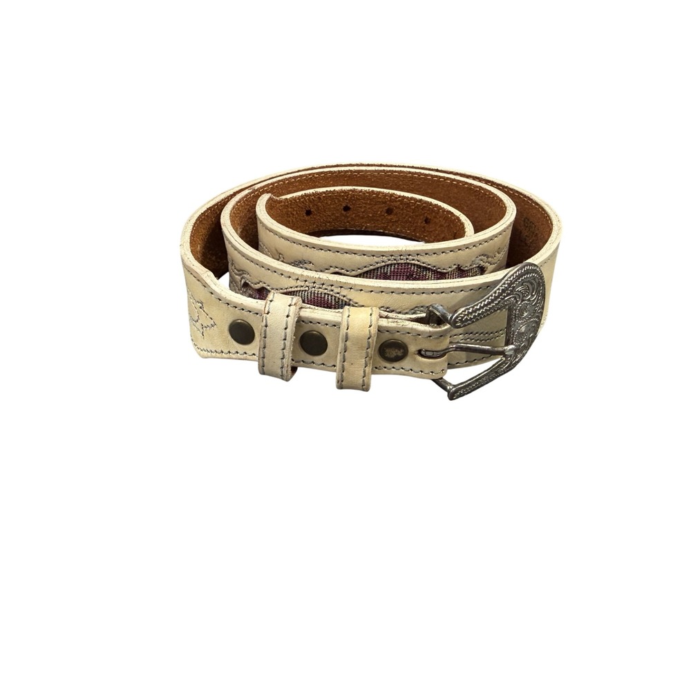 Leather Belt Womens 34 Cream Floral Tapestry Western Engraved Buckle